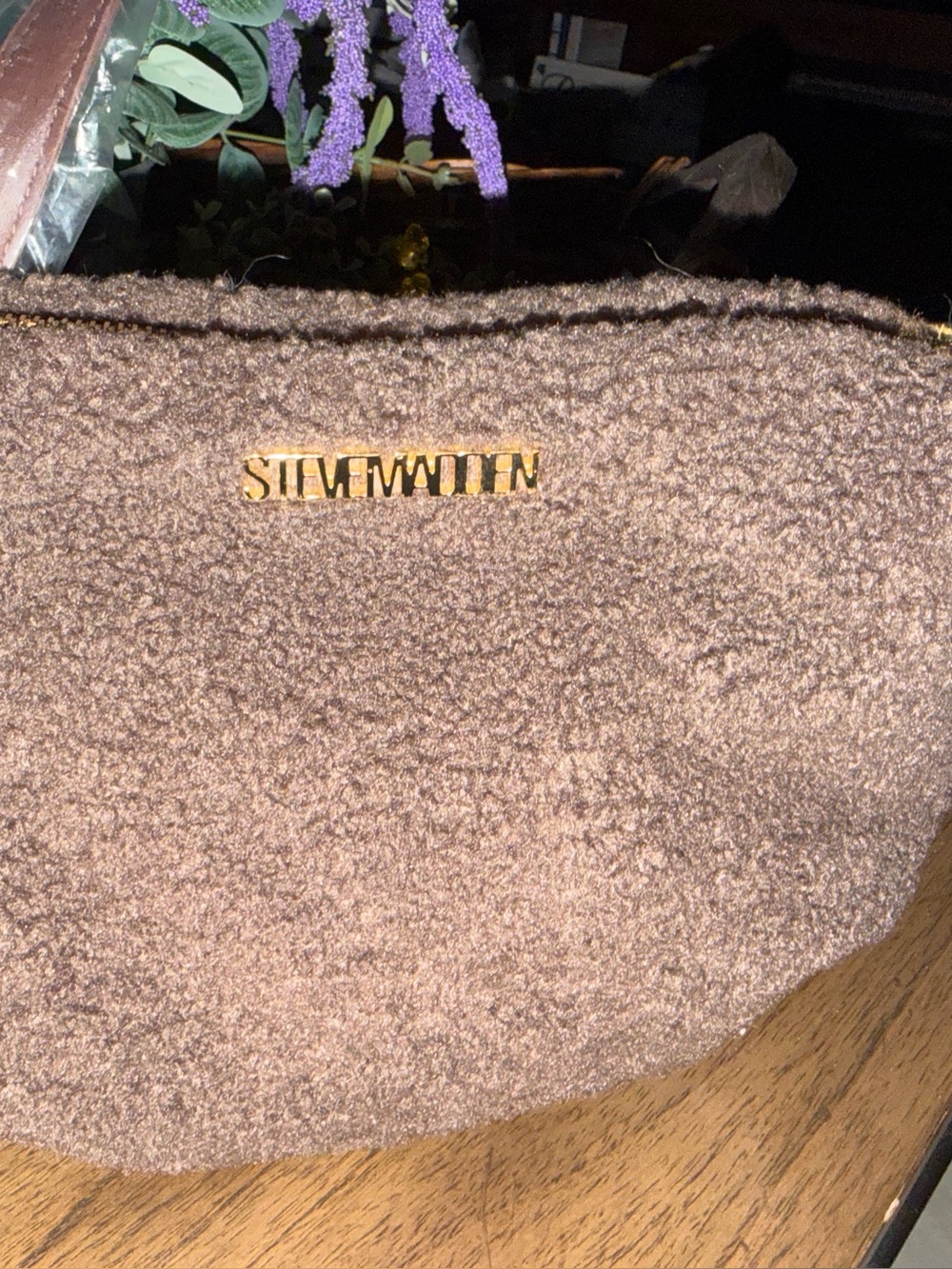 Steve Madden Brown Faux-Shearling Tote with Gold Logo